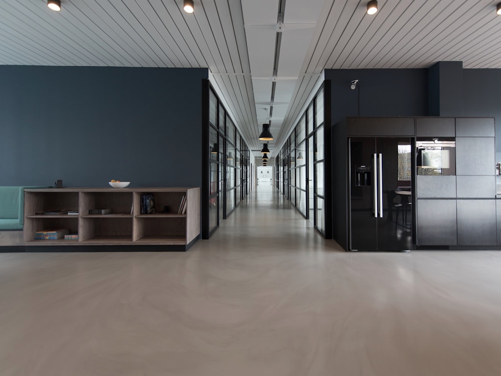 A clean modern breakroom and common area inside a commercial building